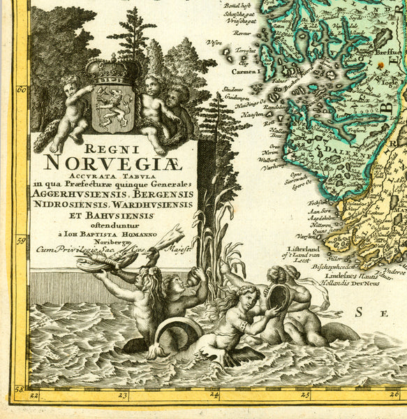 "Regnis Norvegiae accurata tabula in qua Praefecturae quinque Generales Aggehusensis, Bergensis, Nidrosiensis, Wardhusiensis et Bahusiensis ofternduntur a Joh. Bapt. Homanno, Noribergae"  Map shows southern Norway. Upper left inset: Coastline and hinterland from Drontheim to Nordcap.  Copper etching with excellent original hand coloring.  Published by Johann Baptist Homann (1664-1724)  Nuremberg, 1723