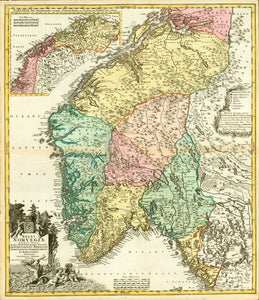 "Regnis Norvegiae accurata tabula in qua Praefecturae quinque Generales Aggehusensis, Bergensis, Nidrosiensis, Wardhusiensis et Bahusiensis ofternduntur a Joh. Bapt. Homanno, Noribergae"  Map shows southern Norway. Upper left inset: Coastline and hinterland from Drontheim to Nordcap.  Copper etching with excellent original hand coloring.  Published by Johann Baptist Homann (1664-1724)  Nuremberg, 1723