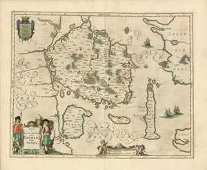 Denmark. - "Nova et accurata descriptio totius Fioniae vulgo Funen"  Copper etching by Gerard Mercator (1512-1594).  This map published by Jan Janssonius (1588-1664)  Shows with great detail the Danish Islands of Funen (Fyn), Aero, Alsen and Langeland. And the bordering areas of Laland, Zeeland and Jutland.  Original hand-coloring. Gouache colors used for title cartouche and coat of arms.