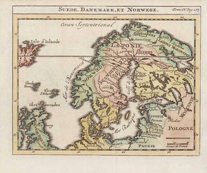 "Suede, Danemark, et Norwege"  Copper engraving map by Henri Chatelain (1684-1743), Published ca 1720. in Amsterdam.  Hand coloring. In the upper left is part of Iceland. In the lower left part of Great Britain.  Original antique print , interior design, wall decoration, ideas, idea, gift ideas, present, vintage, charming, special, decoration, home interior, living room design