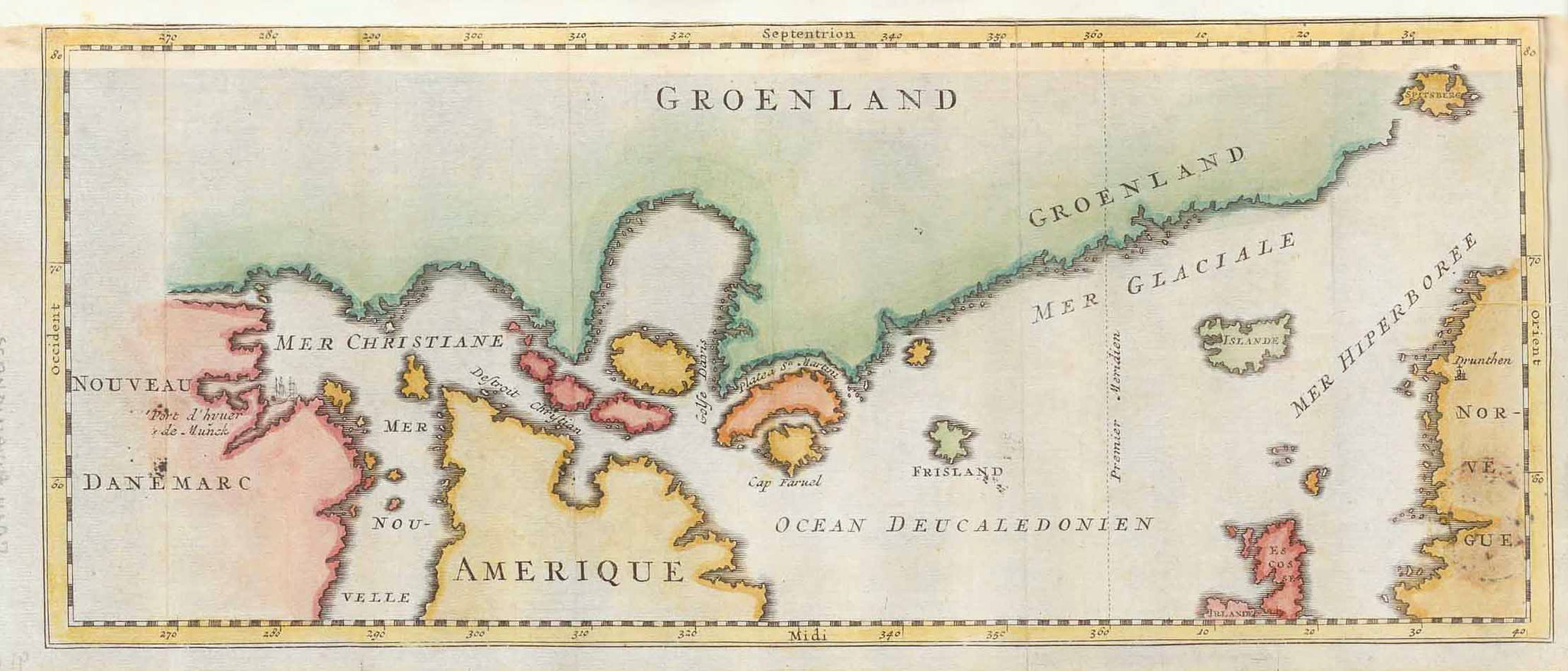 "Groenland" Copper engraving ca 1780.  The southern coast of Greenland is shown in the upper part of the map. In the lower right is part of Norway and the northern tips of Scotland and Ireland. In the lower left is New Denmark and a tip of America.  In the upper right is Spitzberg als island and Iceland (green) oppisite Norway.  Original antique print  , interior design, wall decoration, ideas, idea, gift ideas, present, vintage, charming, special, decoration, home interior, living room design