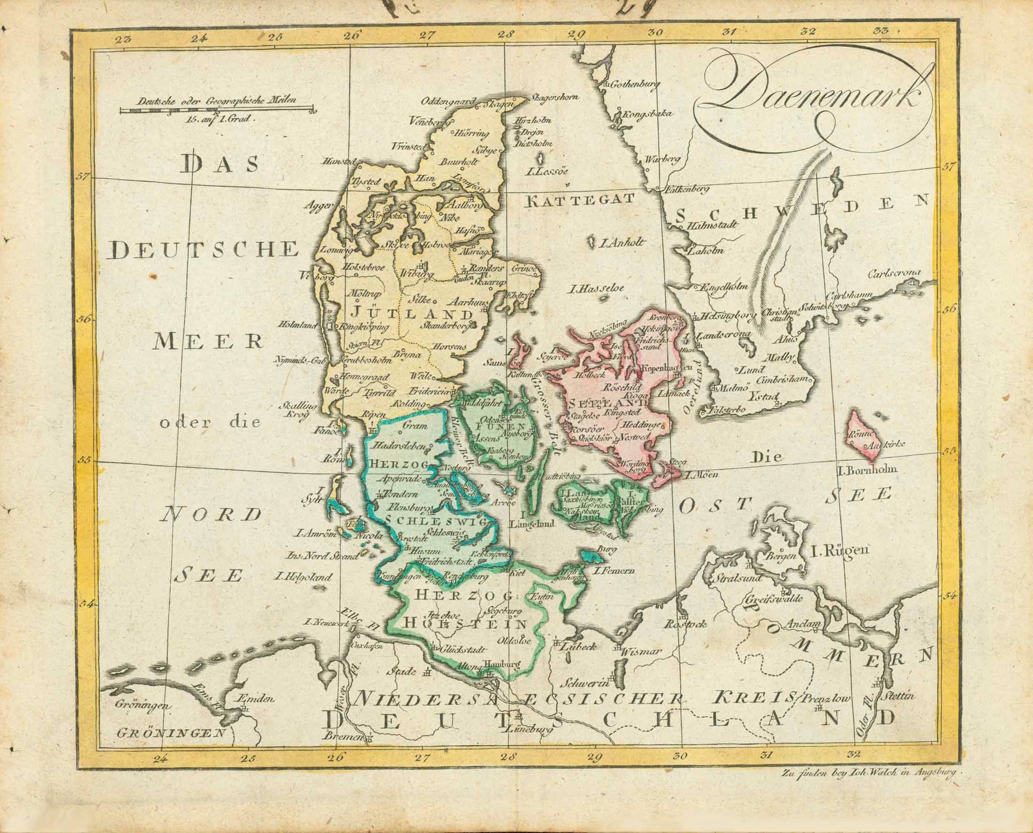 Antique map, "Daenemark. "  Denmark, Daenemark, Dinamarca, Schweden, Sweden  Copper engraving map by Johann Walch (1757 Kempten - 1815 Augsburg) ca 1812. Hand coloring.  Original antique print    For a 30% discount enter MAPS30 at chekout 