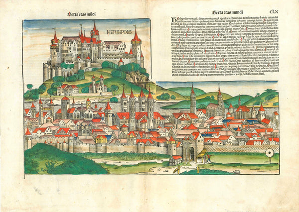 SCHEDEL - WÜRZBURG - BAVARIA - FRANCONIA  Würzburg. - "Herbipolis"  Sexta etas mundi Pag. CLX (160)  General view of the important city in Bavaria, province of Franconia  Type of print: Woodcut  Color: Excellent hand coloring  Published in: Nuremberg Chronicle ("Weltchronik" (Liber Chronicarum)  Author:  Hartmann Schedel.