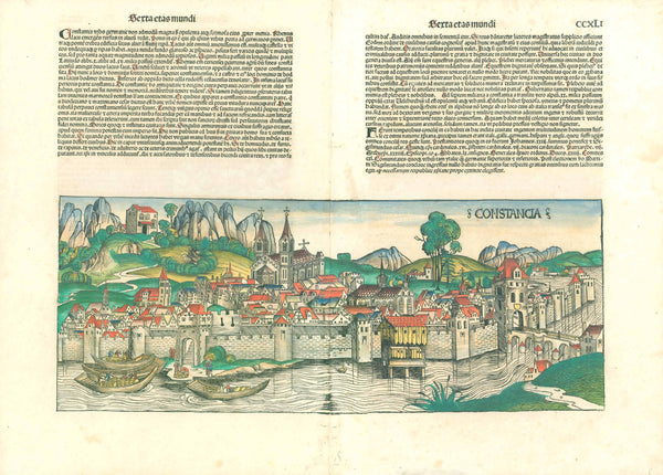 Konstanz. - "Constancia"  Sexta etas mundi. Pag. CCXLI (241)  General view of the important city in Lake Constance (Bodensee)  Type of print: Woodcut  Color: Excellent hand coloring  Published in: Nuremberg Chronicle ("Weltchronik" (Liber Chronicarum)  Author:  Hartmann Schedel.  Published: Nuremberg, 1493 (first edition)