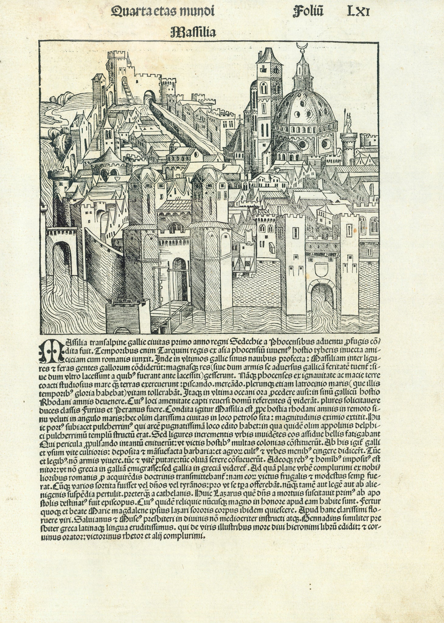 Marseille. - "Massilia"  Earliest print of the city of Marseille  Woodcut. Incunabila  Published in "Nuremberg Chronicle" (Schedelsche Weltchronik or Liber chronicarum)  By Hartmann Schedel (1446-1514)  Published in the Latin (first) edition of this important incunabula work  Nuremberg, 1493  The images on the reverse side are: Pherecides of Syros, Pythagoras, Sappho the Greek poetess, Ezechiel the Prophet, and Daniel the Prophet. Short text about each person.
