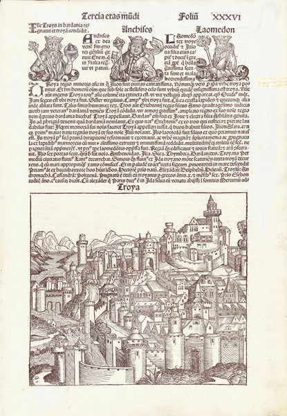 Türkei. - "Troja" (Troy - Troja)  Portraits of Anchises and Laomedon  The ancient city of Troy depicted from a European point of view.  Type of print: Woodcut  Publisher: Hartmann Schedel  Published in: "Nuremberg Chronicle" . Page:XXXVI = 36  Where: Nuremberg  When: 1493