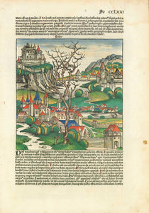 Turkey, . "De turchis"  The Schedel Chronicle does not render city views as we see the cities of the world in our time. But here it seems as if Constantinople was model for this woodcut, showing the two repairman areas of Europe and Asia facing each other across the waters of the Bosporus. I admit, it takes some fantasy to follow my assumption. but the division of the two continents seems comprehensibly pictured.  Type of print: Woodcut  Color: Excellent hand coloring  Published in: Nuremberg Chronicle ("We