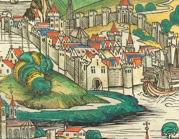Turkey, . "De turchis"  The Schedel Chronicle does not render city views as we see the cities of the world in our time. But here it seems as if Constantinople was model for this woodcut, showing the two repairman areas of Europe and Asia facing each other across the waters of the Bosporus. I admit, it takes some fantasy to follow my assumption. but the division of the two continents seems comprehensibly pictured.  Type of print: Woodcut  Color: Excellent hand coloring  Published in: Nuremberg Chronicle ("We