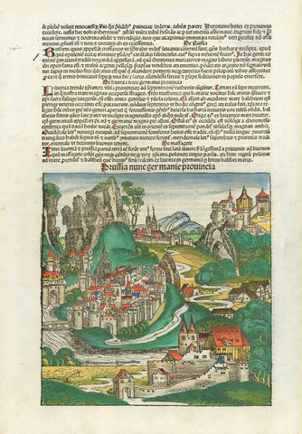 "Prussia nunc germanie provincia"  Type of print: Woodcut  Color: Excellent hand coloring  Published in: Nuremberg Chronicle ("Weltchronik" (Liber Chronicarum)  Author:  Hartmann Schedel.  Published: Nuremberg, 1493 (first edition)