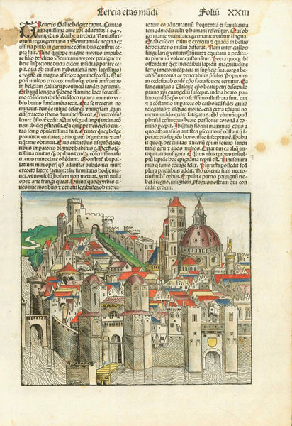 Trier. - "Treveris Gallie belgice caputÉ"  Tercia etas mundi Fol. XXIII  View of the City of Trier in Germany  General view of the important city in Rheinland-Pfalz  Type of print: Woodcut  Color: Excellent hand coloring  Published in: Nuremberg Chronicle ("Weltchronik" (Liber Chronicarum)  Author:  Hartmann Schedel.  Published: Nuremberg, 1493 (first edition), interior design, wall decoration, ideas, idea, gift ideas, present, vintage, charming, special, decoration, home interior, living room design