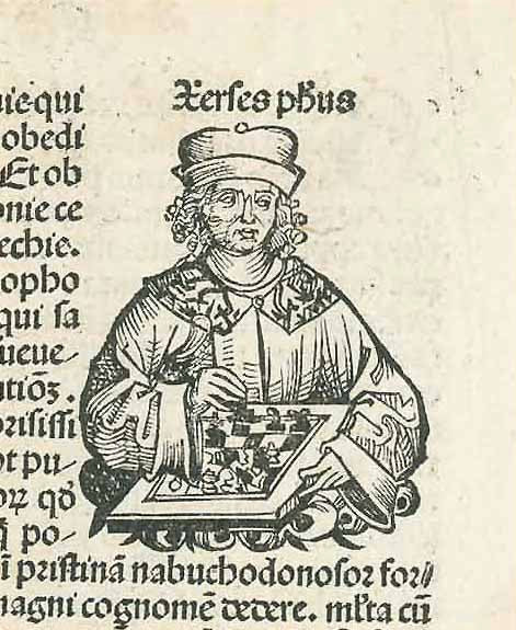 CHESS - SCHACH - ECHECS  ISTANBUL - TURKEY - ITALY - BOLOGNA  "Quarta etas mundi - Xerses ph'us"  Xerxes (the Great) playing chess.  Woodcut  Published in "Nuremberg Chronicle" (Schedelsche Weltchronik)  Latin edition  By Hartmann Schedel (1440-1514)  Nuremberg, 1493  This may well be the oldest printed image of a a chess game!  Also on this page: Portraits of the Babylonian kings Merodach and Nebukadnezar.  A view of Byzantium / Byzanz - Today: Istanbul  Reverse side: View of Bononia = Bologna in Italy