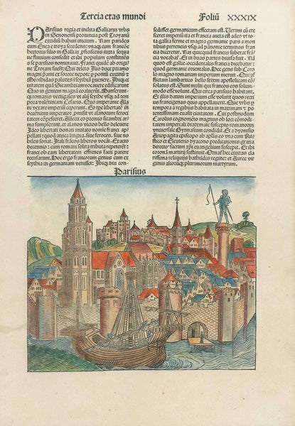 "Parisius" - Verso: "Maguncia"  Views of Paris and Mainz  Type of print: Woodcut  Color: Very good hand coloring  Published in: Nuremberg Chronicle ("Weltchronik" (Liber Chronicarum)  Author: Hartmann Schedel.  Published: Nuremberg, 1493 (first edition)
