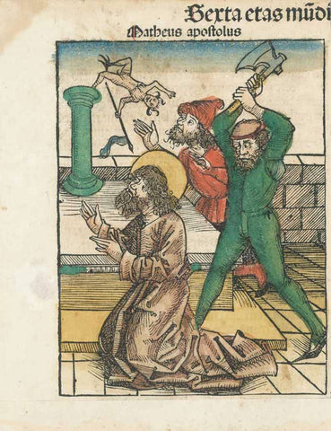 "Matheus apostolus"  Martyrdom of Saint Matthiew - Matthaeus, Matthieu, Matteo  Woodcut Type of print: Woodcut  Color: Excellent original hand coloring  Published in: Nuremberg Chronicle ("Weltchronik" (Liber Chronicarum)  Author: Hartmann Schedel.  Published: Nuremberg, 1493 (first edition)  Text: Latin. Relating text print above image.  Verso: Text print in Latin  Original antique print  
