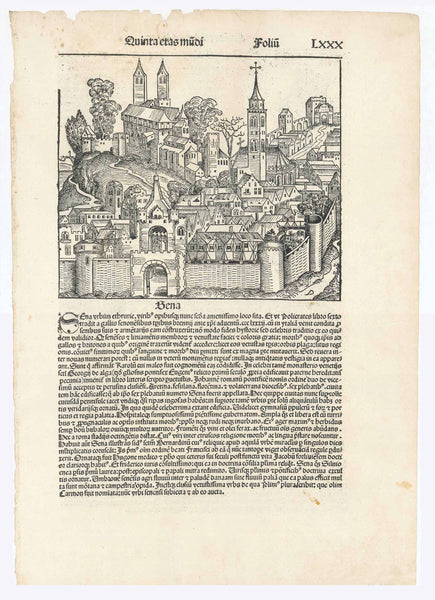 "Sena" (Siena)  Type of print: Woodcut  Published in: Nuremberg Chronicle ("Weltchronik" (Liber Chronicarum)  Author: Hartmann Schedel.  Published: Nuremberg, 1493 (first edition)  Text: Latin. Relating text print above image.
