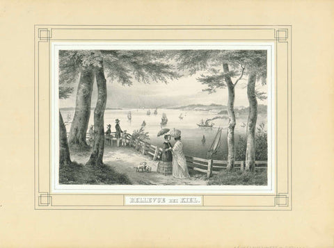 "Bellvue bei Kiel"  Lithograph by Baerentzen after Saxesen. Published by Centi-Rompano, 1840. Lithograph on its original mounting with decorative lines.  Original antique print , interior design, wall decoration, ideas, idea, gift ideas, present, vintage, charming, special, decoration, home interior, living room design