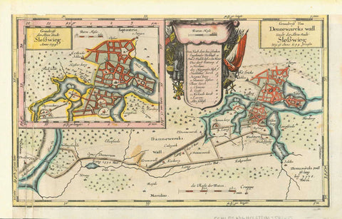 "Grundriss von Dennewarcks Wall Undt der Alten Stadt Schleswig"  Copper engraving ca 1650. Fine, very early hand coloring. Special monuments have letters corresponding to the names in the upper center.  Original antique print 