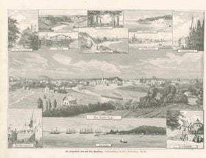 "Der Kriegshafen Kiel und seine Umgebung"  Wood engraving published 1865. 12 views of the region and Kiel.  Schwentinethal, Knoop, Bellevue, Moeltenort, Ellerbeck, Kiel...  Original antique print  