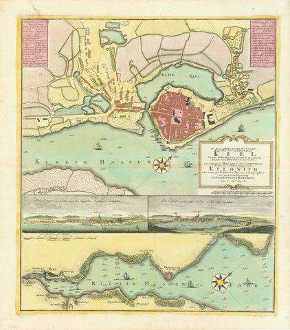 Plan and surrounding of the City of Kiel. Below panoramas as seen from the port and from land. Below a plan Kiel's harbor.  Very good condition. Excellent original hand color. Very attractive print.  Copper etching. Original hand color. A little bit of coloe in upper left margin.  Published by Johann Baptist Homann  Nuremberg, 1762  For a 30% discount, interior design, wall decoration, ideas, idea, gift ideas, present, vintage, charming, special, decoration, home interior, living room design