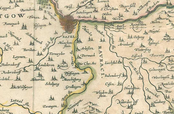 "Territory Basiliensis nova descriptio". Copper etching by Peter Kaerius and ed. by Johann Janssonius, Amsterdam, ca 1650. Original hand coloring.  Schweiz, Suisse, Switzerland, Basel, Alsace, Burgundy, Black Forest  Basel is right in the center of this 3-country region. In the upper left is part of Alsace and northern Burgundy. In the northeast, enclosed by the Rhine river, is the Black Forest of Germany. The lower part of the map is Switzerland. The course of the Rhine is from Waldshut 