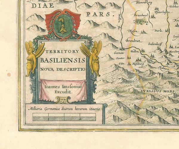 "Territory Basiliensis nova descriptio". Copper etching by Peter Kaerius and ed. by Johann Janssonius, Amsterdam, ca 1650. Original hand coloring.  Schweiz, Suisse, Switzerland, Basel, Alsace, Burgundy, Black Forest  Basel is right in the center of this 3-country region. In the upper left is part of Alsace and northern Burgundy. In the northeast, enclosed by the Rhine river, is the Black Forest of Germany. The lower part of the map is Switzerland. The course of the Rhine is from Waldshut 