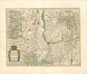 "Territory Basiliensis nova descriptio". Copper etching by Peter Kaerius and ed. by Johann Janssonius, Amsterdam, ca 1650. Original hand coloring.  Schweiz, Suisse, Switzerland, Basel, Alsace, Burgundy, Black Forest  Basel is right in the center of this 3-country region. In the upper left is part of Alsace and northern Burgundy. In the northeast, enclosed by the Rhine river, is the Black Forest of Germany. The lower part of the map is Switzerland. The course of the Rhine is from Waldshut 