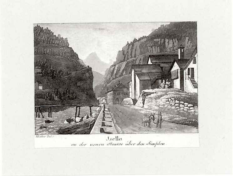 "Isella and der neue Strasse über den Simplon"  Isella, Iselle, Simplon Pass, Simplontunnel, Brig,  Val Divedro  Aquatint after Keller, ca 1850.  Original antique print  , interior design, wall decoration, ideas, idea, gift ideas, present, vintage, charming, special, decoration, home interior, living room design 