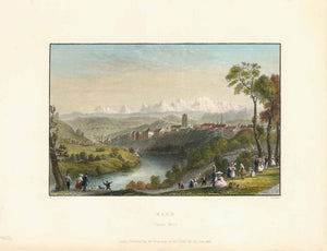 City Views, Switzerland, Bern, "Bern"  "Canton Bern"  Steel engraving by T. Higham after W. H. Bartlett ca 1835.  Bern, Berne, Berna, Bern-Mittelland, Zaehringerstadt, Aare, Bantinger, Hausberg Gurten