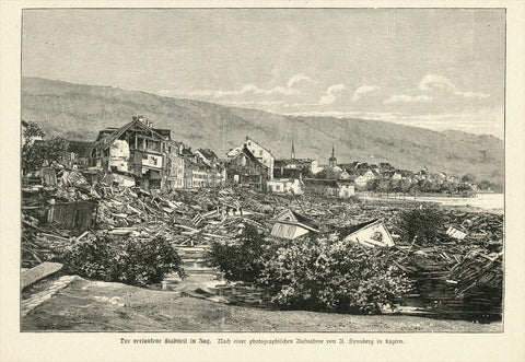 "Der versunkene Stadtteil in Zug"  Wood engraving made after a photograph 1891. Reverse side is printed.