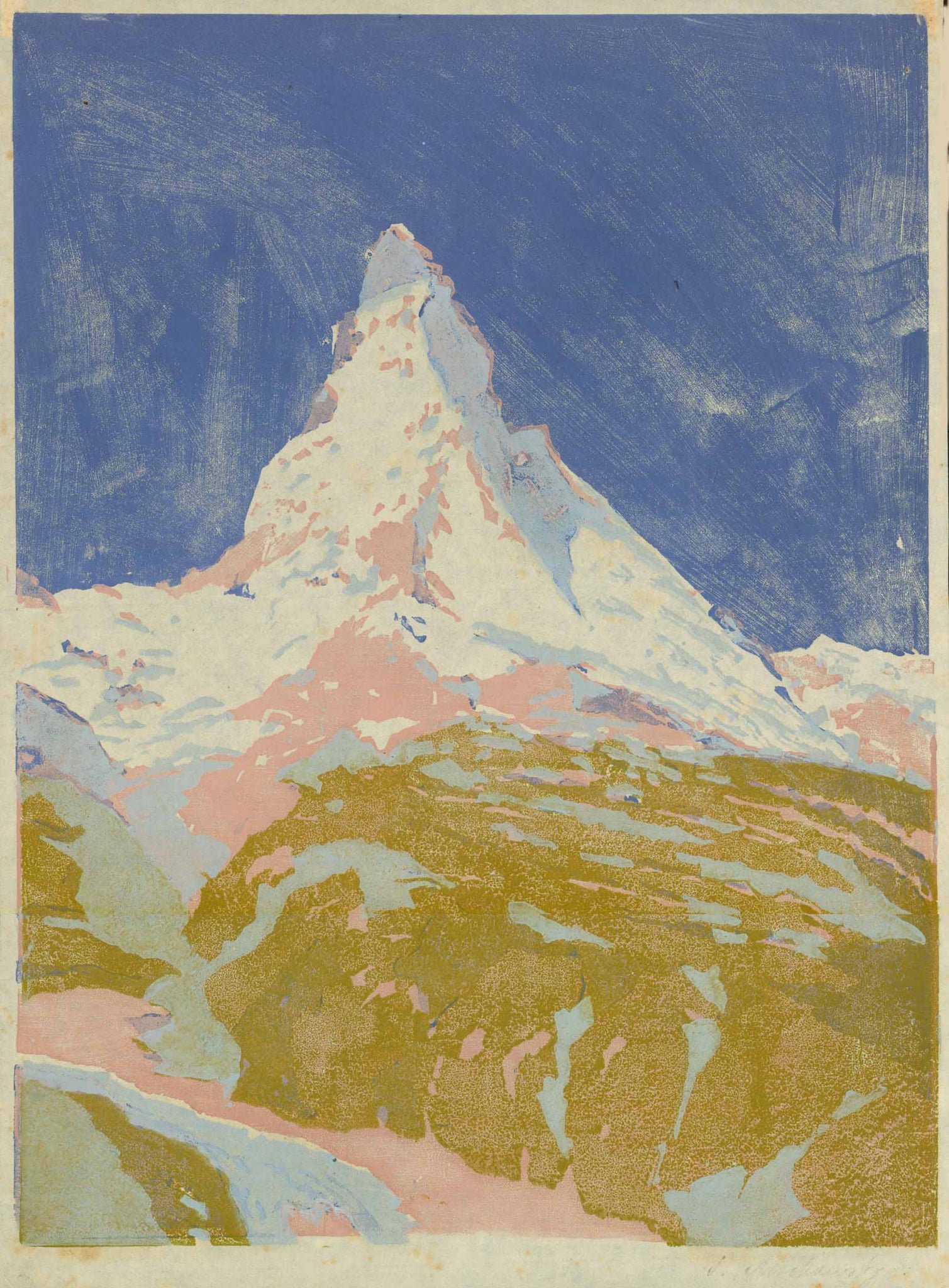 Matterhorn  Original woodcut in extraordinary colouring, signed lightly in margin (lower right) S. Mackowsky.   Siegfried Mackowsky born in Dresden November 25, 1878, died in Dresden February 17, 1941.He was student of the Dresden Art Academy under R. Müller, E. Bantzer, E. Bracht and G. Kuehl. He was co-founder of artist group "1913". His paintings and woodcuts, mostly landscapes, mountains, and town views are known for their fine moody expression and exquisite colour.