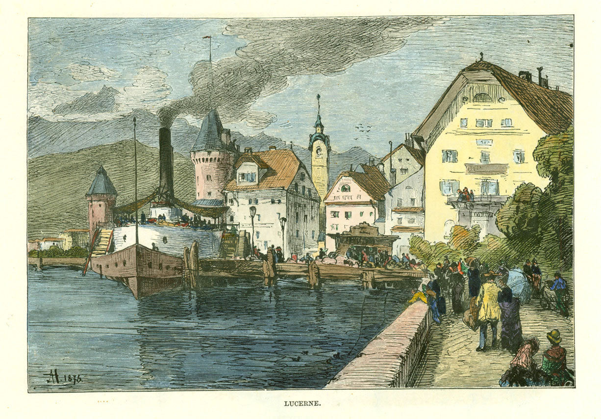 Switzerland, "Lucerne"  Wood engraving ca 1875. Had coloring.  On the reverse side is an uncolored image of the market in Lucerne.