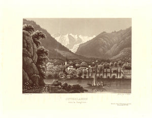 "Interlaken vers la Jungfrau"  Aquatint by Lukas Weber after Rudolf Dikenmann. Published in Zurich ca 1860.  Attractive view with the Jungfrau in the background. Seldom!