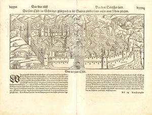 Chur. - "Die statt Chur im Schweitzer gebirg und in der Gran pündter land onfern vom Rhein gelegen"  Ansicht der Stadt Chur in Graubünden, Schweiz  Holzschnitt in erstklassigem Erhaltungszustand.  Erschienen in "Cosmographia" von Sebastian Münster (1488-1552)  Basel, 1553
