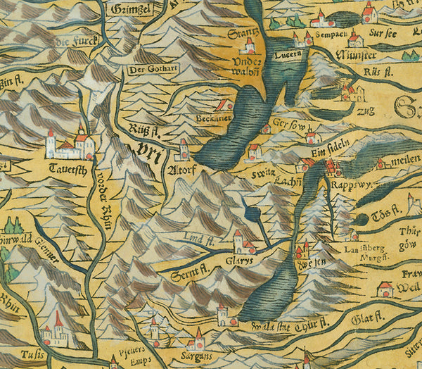 "Helvetiae Tabula"  Hand-colored woodcut  Published in "Cosmographia"  By Sebastian Muenster (1488-1552)  Basel, 1572  South-west oriented map of most of Switzerland, the German Black Forest and parts of Elasass in France. We see the River Rhein from its source via Lake Constance (Bodensee), Basel to Freiburg and Rheinau.  Map is the first of a triple map: Run of the River Rhein
