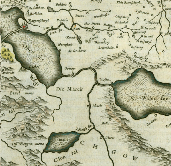 "Argow cum parte merid. Zurichgow"  Partly hand-colored copper etching by Gerard Mercator  Published by Willem and Joan Blaeu  Amsterdam, 1635  Northern Switzerland with the lake district. Lakes on this map:  Zuerichsee  Walensee  Kldentalersee  Zuger See  Luzerner See  Vierwaldstätter See  Lungern See  Bringer See  Thuner See  The source of the River Rhein is also on this map. And Bern, the Swiss capital, is on the left edge of this map.