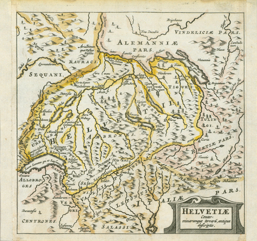 "Helvetiae Conterminarumque Terraru, antiqua descrptio".  A very interesting map from a historical and topographical standpoint. In the northwest are the Vosges Mountains and the Doubs River of France. Further south on the west side is Lac Léman (Lake Geneva). In the southwest corner is the source of the Rhine River that play a prominent role on this map. In the northeast is Lake Constance that borders with Germany. In the southeast is the source of the Inn River.  Copper etching by Peter Bertius (1565-1629