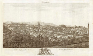 Antique view of Freiburg. - "Frybourg - Ville Capitale du Canton du meme Nom vers le Nord"  Freiburg (Schweiz / Switzerland)  Anonyme Kupferradierung nach der Ansicht der Stadt, die in der "Topographie der Eydgebossschaft"  von David Herrliberger ca. 1760 erschienen ist.