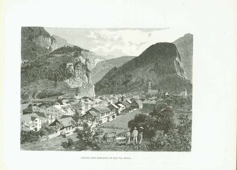 "Thusis und Eingang in die Via Mala"  Wood engraving on a page of German text about the history and geography of Thusis and surrounding area. The text continues on the reverse side of the page. On the reverse side is also an image  of the ruins of Hohen-Rhaetien.Published ca 1875.  Original antique print , interior design, wall decoration, ideas, idea, gift ideas, present, vintage, charming, special, decoration, home interior, living room design