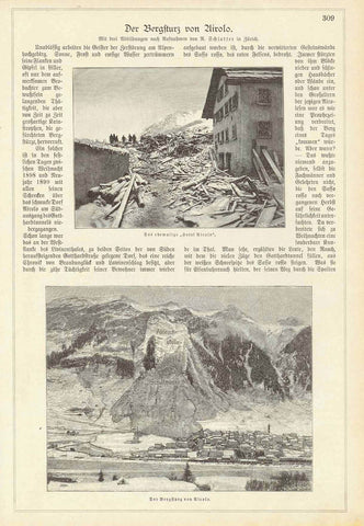 "Der Bergsturz von Ariolo"  Upper image: ""Das ehemalige "Hotel Ariolo" Lower image: "Der Bergsturz von Ariolo"  Xylographs on a page of text about the terrible slide in Ariolo in December 1898. , interior design, wall decoration, ideas, idea, gift ideas, present, vintage, charming, special, decoration, home interior, living room design