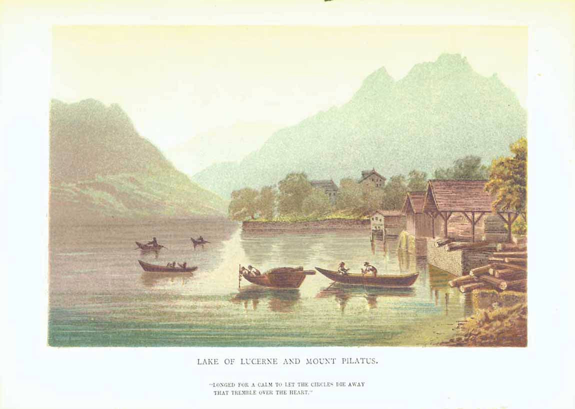 "Lake of Lucerne and Mount Pilatus"  "Lac de Champé"  Chromolithograph after a painting by Baroness Helga von Cramm (1840-1919), interior design, wall decoration, ideas, idea, gift ideas, present, vintage, charming, special, decoration, home interior, living room design