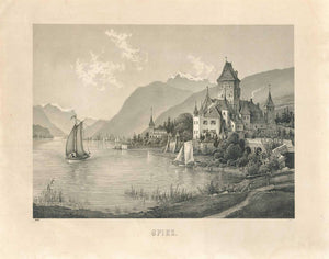 "Spiez"  Eindrucksvolle Lithographie des Ortes Spiez, von Schloss Spiez und dem Thuner See.  Die Lithographie ist ausserhalb des Bildes links unten mit DAM signiert.  Schloss Spiez ist seit 1927 im Besitz der "Stiftung Schloss Spiez", die in dem Schloss bedeutende Kunstausstellungen veranstaltet.  Original antique print  