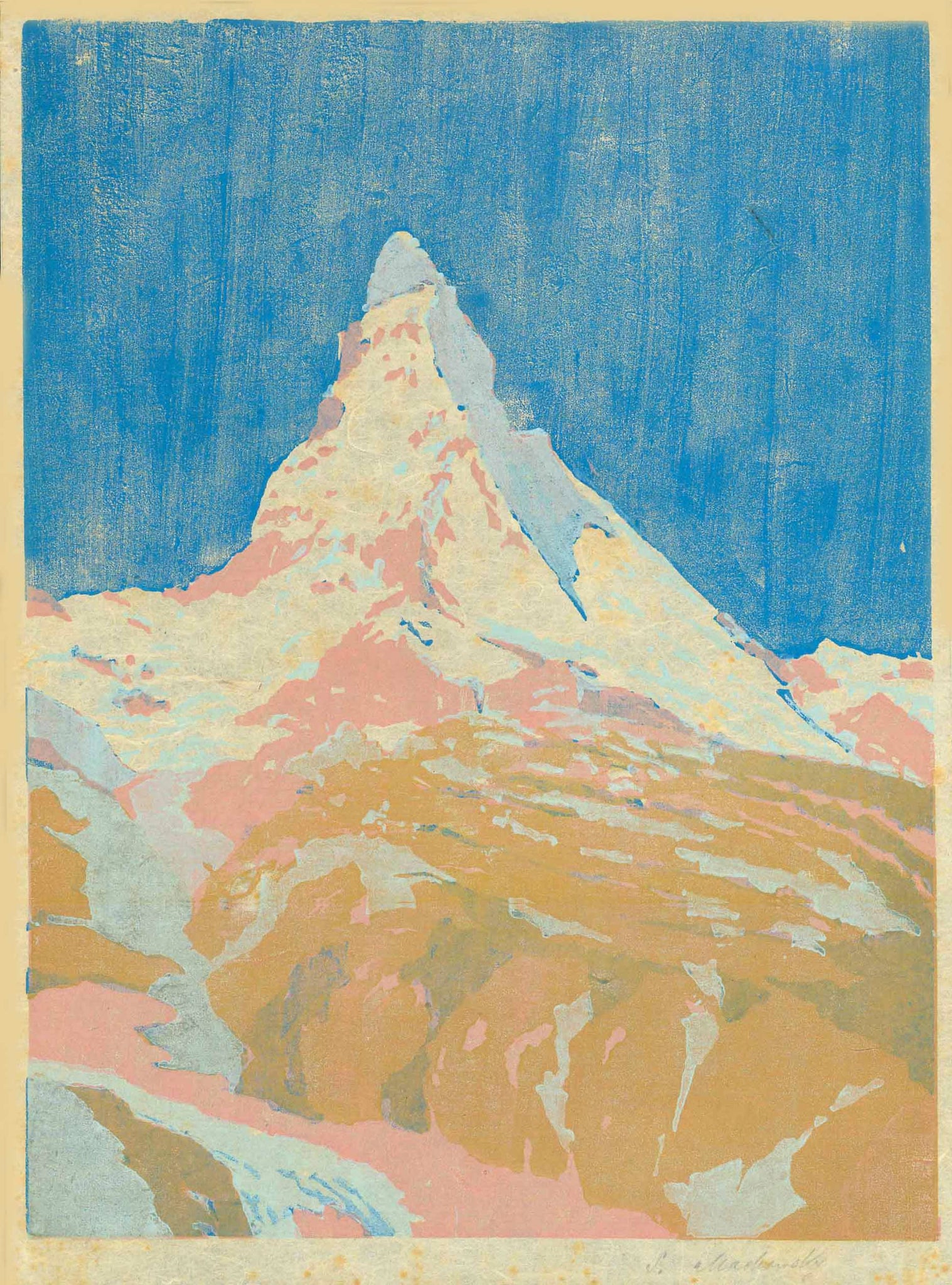 Matterhorn  Original woodcut in extraordinary coloring, signed lightly in margin (lower right) S. Mackowsky.  Siegfried Mackowsky born in Dresden November 25, 1878, died in Dresden February 17, 1941. He was student of the Dresden Art Academy under R. Müller, E. Bantzer, E. Bracht and G. Kuehl. He was co-founder of artist group "1913". His paintings and woodcuts, mostly landscapes, mountains, and town views are known for their fine moody expression and exquisite color.  Original antique print 