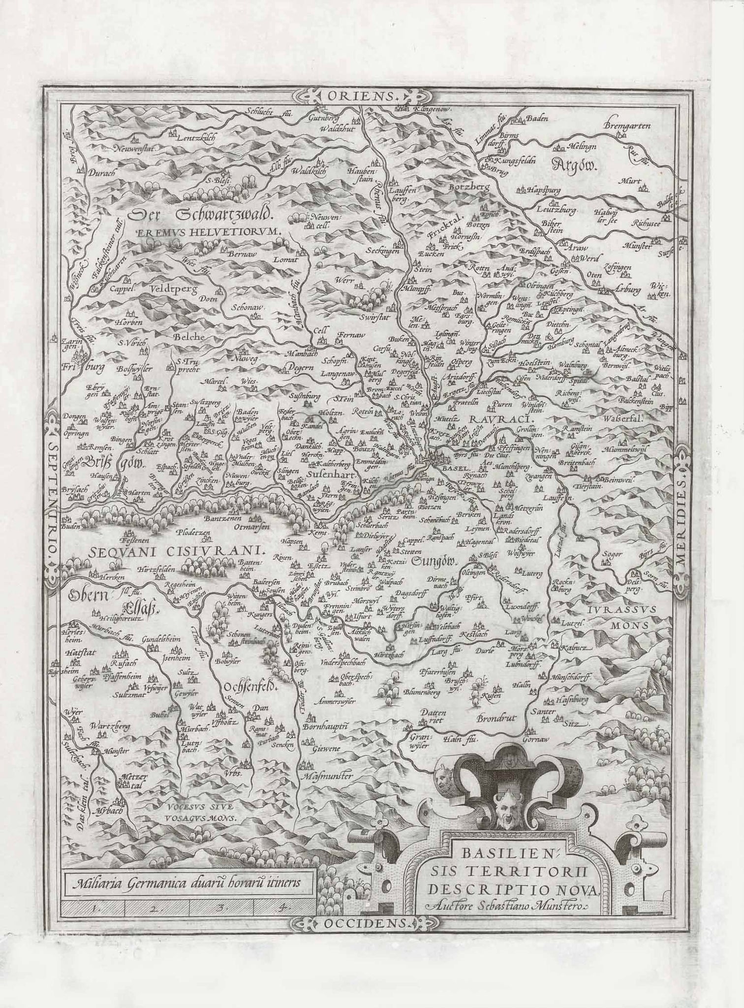 "Basiliensis Territorii Descrptio Nova"  Copper engraving map by Ortelius after Sebastian Muenster. Published ca 1580.  This is an east oriented map with Basel in the center. In the upper left is part of the Black Forest with Freiburg.  Original antique print 