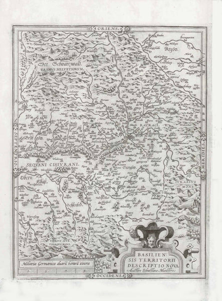 "Basiliensis Territorii Descrptio Nova"  Copper engraving map by Ortelius after Sebastian Muenster. Published ca 1580.  This is an east oriented map with Basel in the center. In the upper left is part of the Black Forest with Freiburg.  Original antique print 