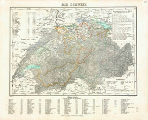 "Die Schweiz"  Lithograph by Handke after H. Mueller, 1848.  Original hand outline coloring. Shows the political divisions at the time.  Below the map are the elevations of the major mountains of Switzerland.  Original antique print