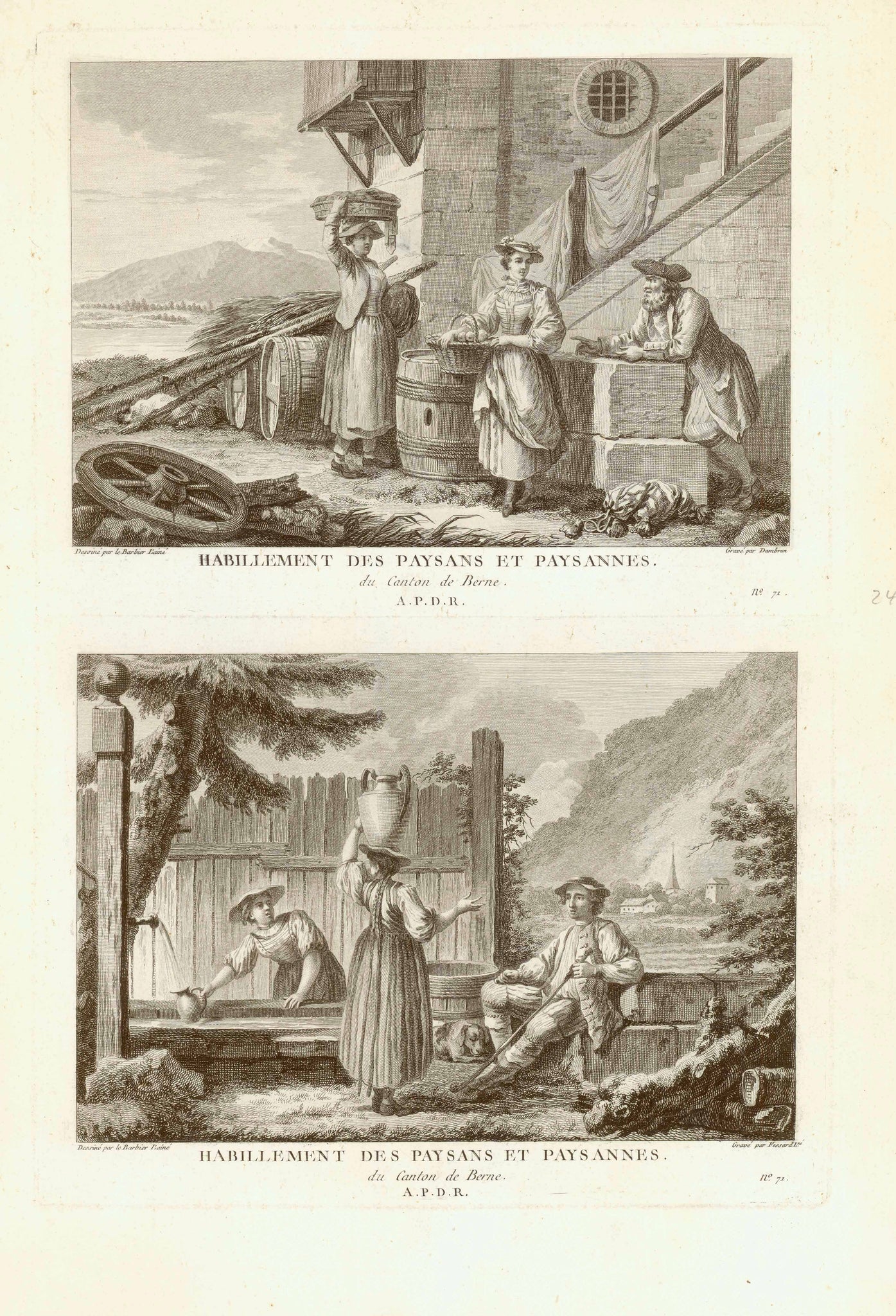 "Habillement Des Paysans et Paysannes Du Canton Berne"  City Views, Switzerland, Bern  Attractive copper engravings by Dambrun and Fessard after Jean Jacques Barbier (1738-1826) Published in "Tableaux topographiques, pittoresques, physiques, historiques, ..." published 1780-1788.  Original antique print  