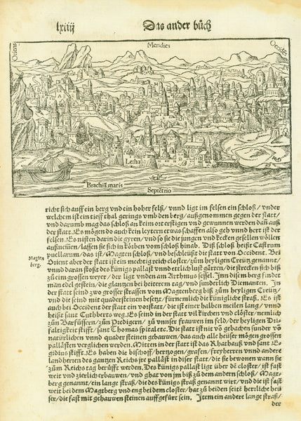 Title of article:  "Beschreibung der kueniglichen statt Edinburg"  General view of Edinburgh in Scotland.  Woodcut.  Published in "Cosmographia"  By Sebastian Muenster (1488-1552)  Basel 1553
