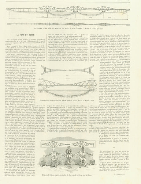 "Le pont du Forth inaugure le 5 mars. Vue generale"  Image: 22 x 32 cm ( 8.6 x 12.5 ")  ******  Reverse side:  "Le Pont Jete Sur Le Golfe Du Forth, En Ecosse - Plam et profil generale"  Page size: 35 x 26 cm ( 13.7 x 10.2")  Wood engravings published March 1890 at the inauguration of the Forth bridge. Eiffelturm, tour Eiffel, Eiffeltower