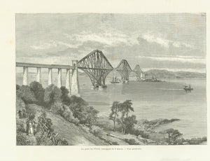 "Le pont du Forth inaugure le 5 mars. Vue generale"  Image: 22 x 32 cm ( 8.6 x 12.5 ")  ******  Reverse side:  "Le Pont Jete Sur Le Golfe Du Forth, En Ecosse - Plam et profil generale"  Page size: 35 x 26 cm ( 13.7 x 10.2")  Wood engravings published March 1890 at the inauguration of the Forth bridge.