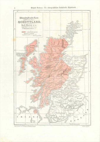 "Ethnographische Karte von Schottland"  Ethnographical map of Scotland by Richard Andree after Murray. Published 1874. On the reverse side is a partial article (in German) about the Gaelic language in Scotland.
