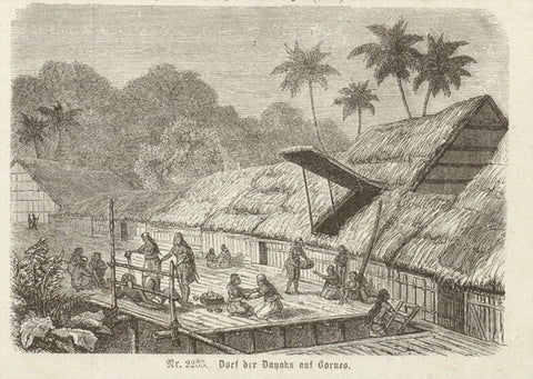 "Dorf der Dayaks auf Borneo"  Dayak village Wood engraving. Ca. 1875  (7,5 x 11 cm)